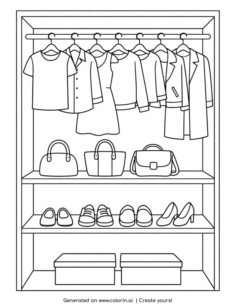 minimalist closet with clothes and shoes coloring page with bags and storage boxes