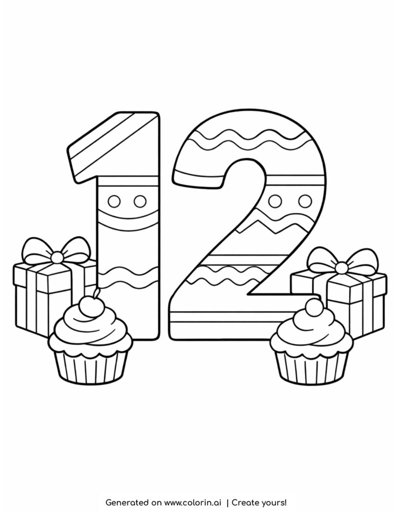 number 12 with cupcakes and gifts coloring page with decorated numbers and sweets coloring page