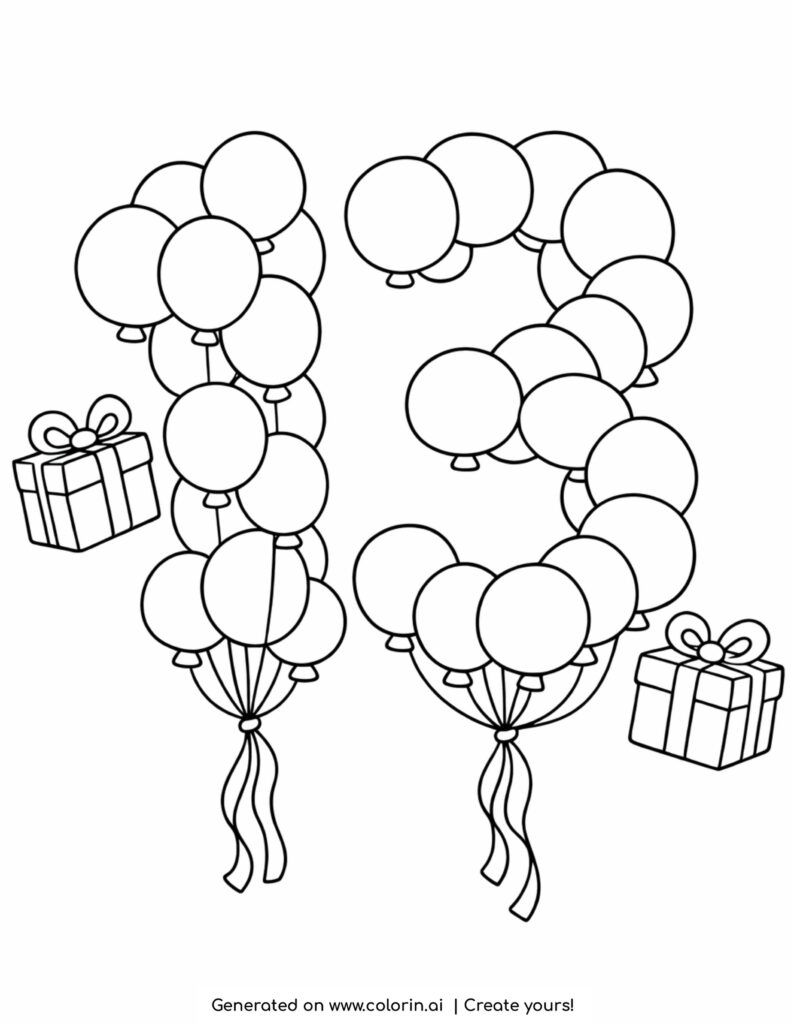 number 13 made of balloons coloring page with floating gifts and ribbon details