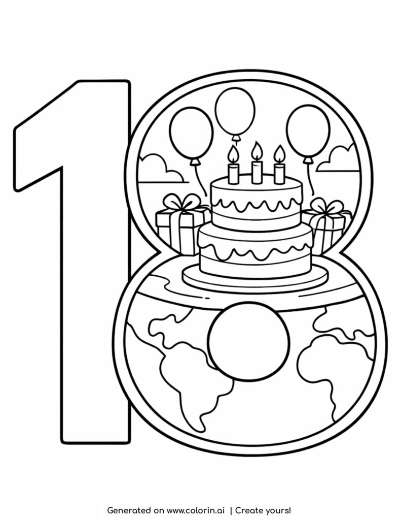 number 18 with cake balloons coloring page with birthday cake gifts and globe design