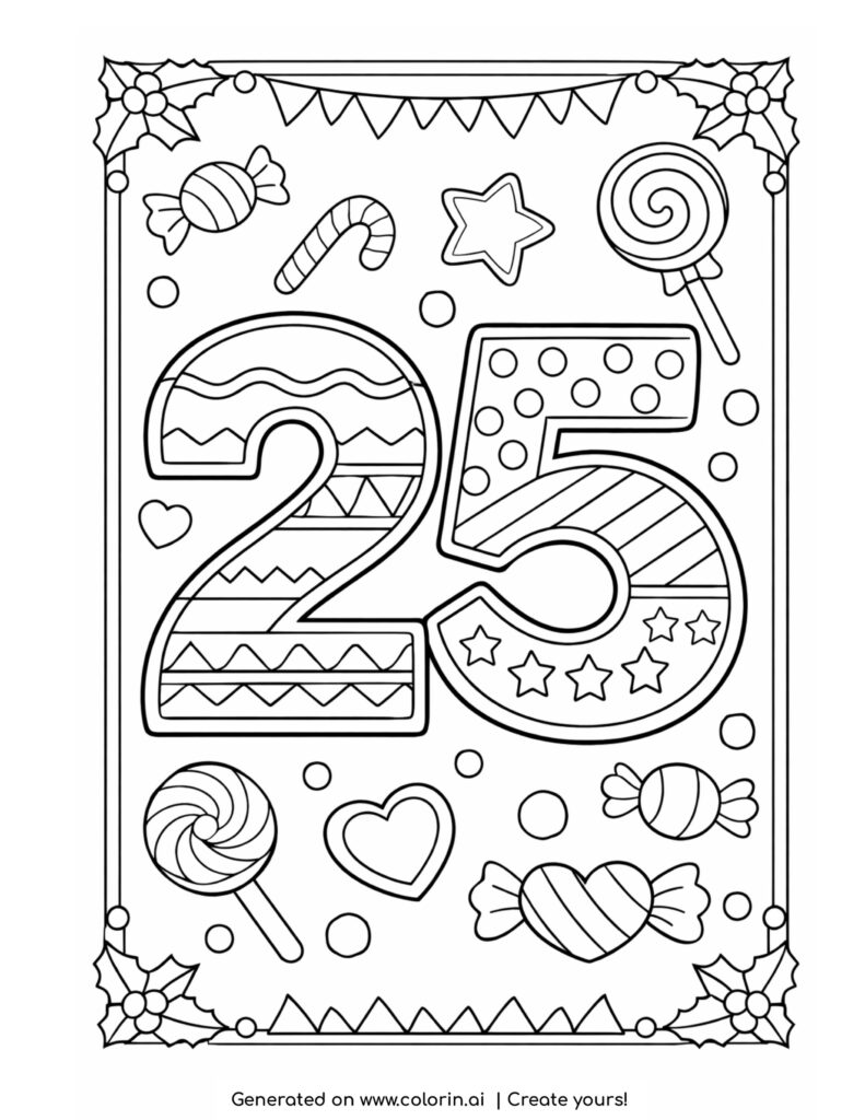 number 25 with candies coloring page decorated with sweets and festive patterns coloring page