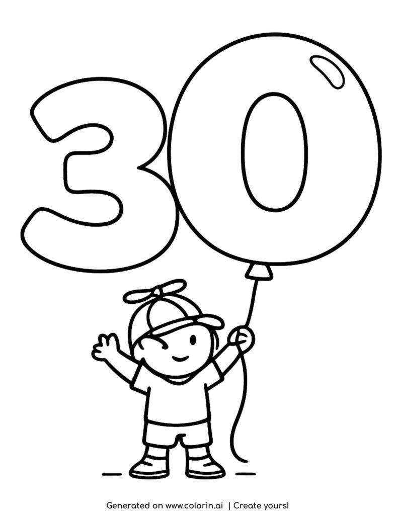 number 30 with balloon held by child coloring page with smiling kid and large balloon coloring page