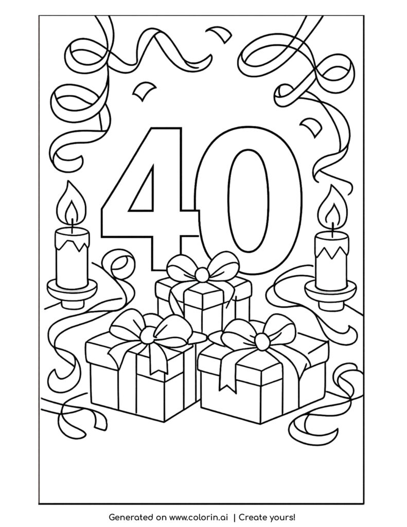 number 40 with gifts and candles coloring page with presents and ribbons coloring page