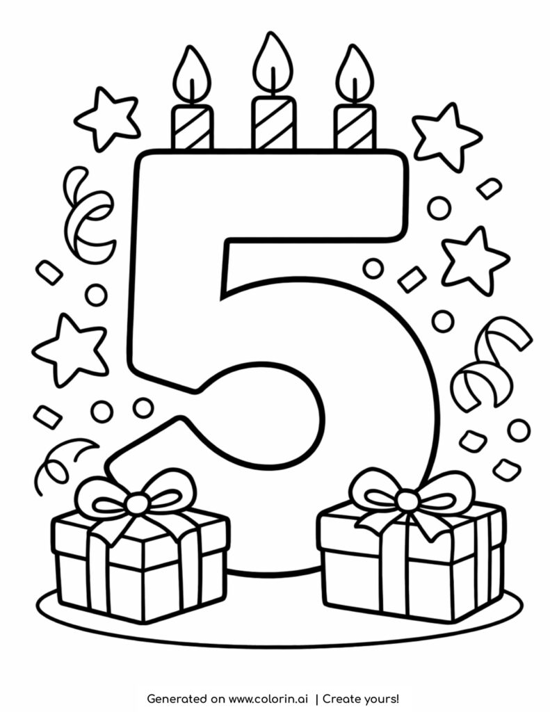 number five with candles gifts coloring page with stars and confetti around
