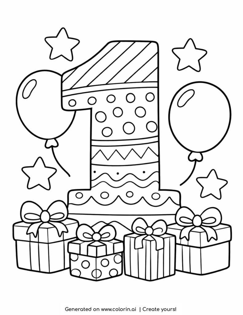 number one with gifts balloons coloring page with stars and decorated number