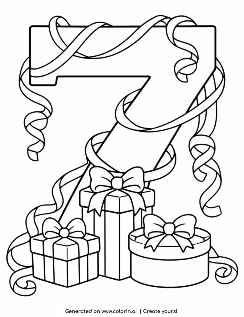number 7 with gifts ribbons coloring page with decorative presents and streamers