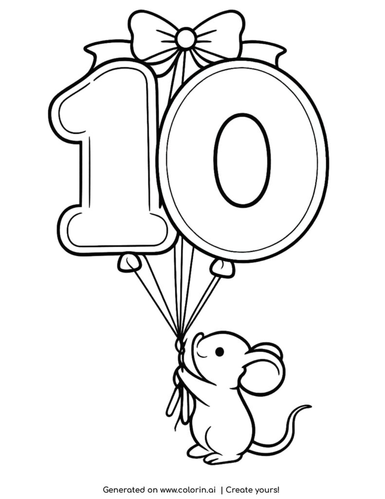 number ten balloons with mouse coloring page with bow and floating balloons