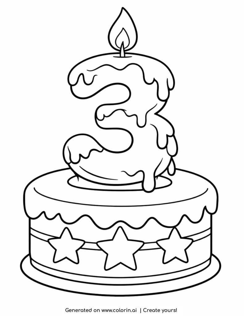number three candle on cake coloring page with dripping wax and stars