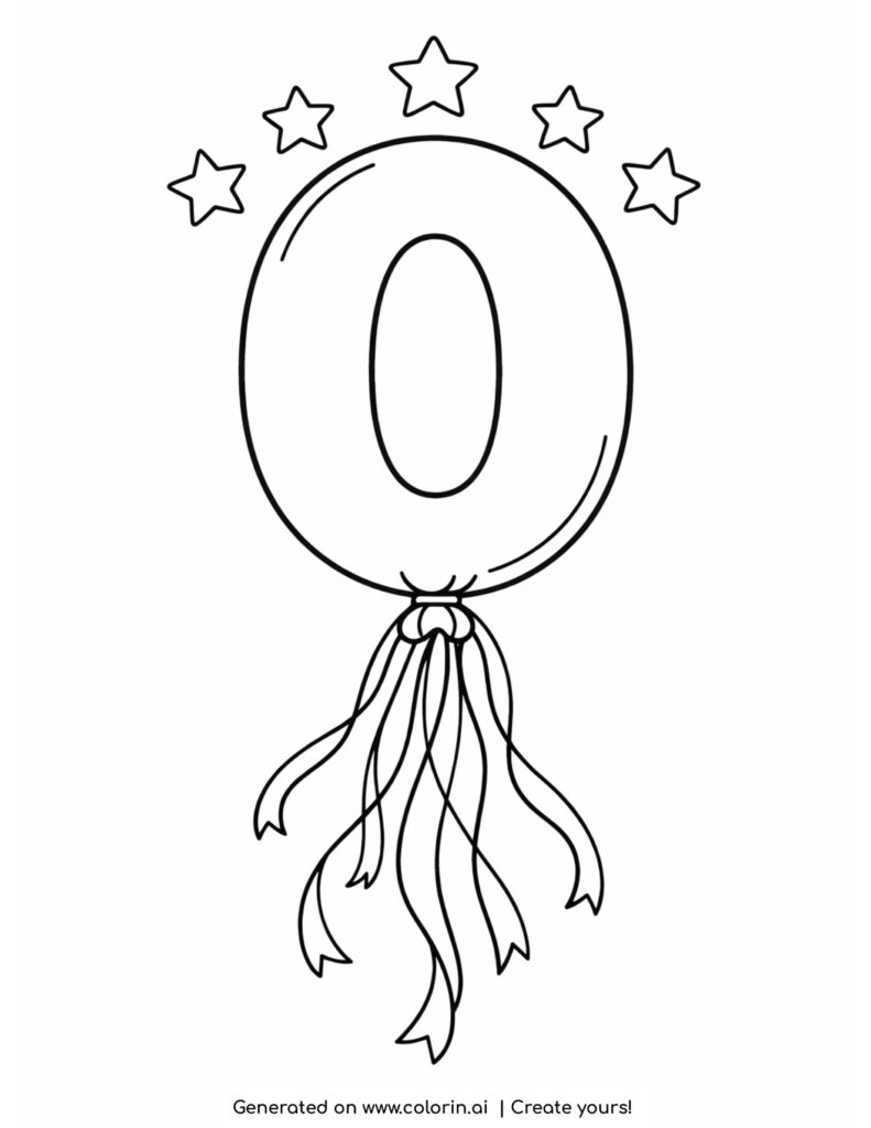 number zero balloon with ribbons coloring page with stars and floating strings
