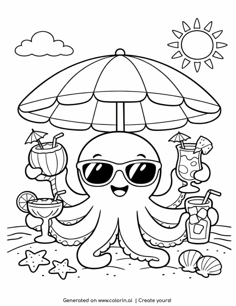 octopus holding drinks under umbrella coloring page with sunglasses and tropical drinks