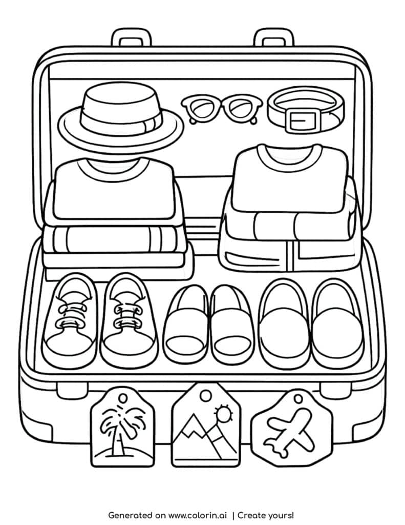 open suitcase with clothes and accessories coloring page with shoes hat and travel items