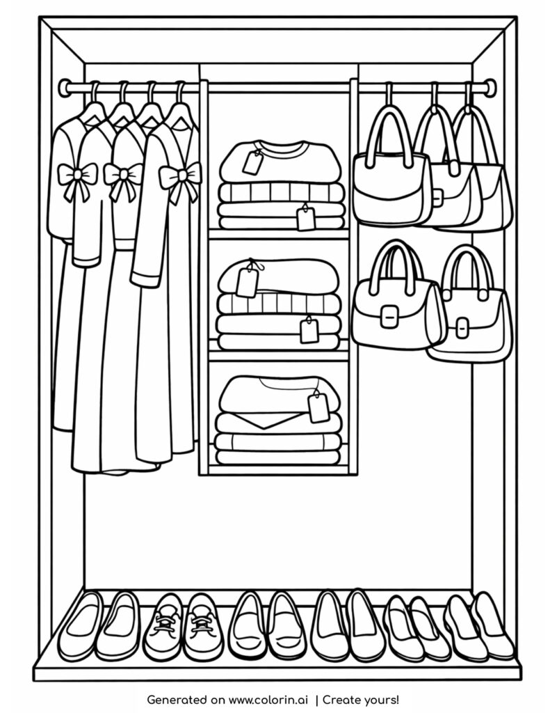 open wardrobe with clothes shoes and bags coloring page with hanging outfits and folded items