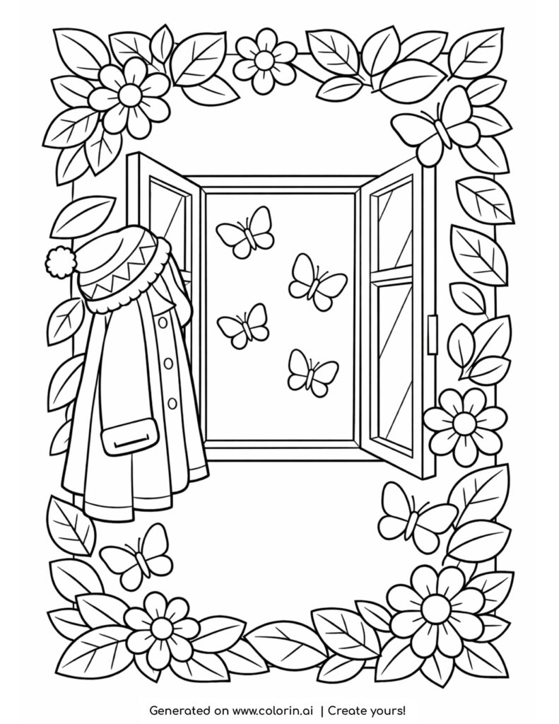 open window with butterflies and coat coloring page featuring floral frame and hanging coat