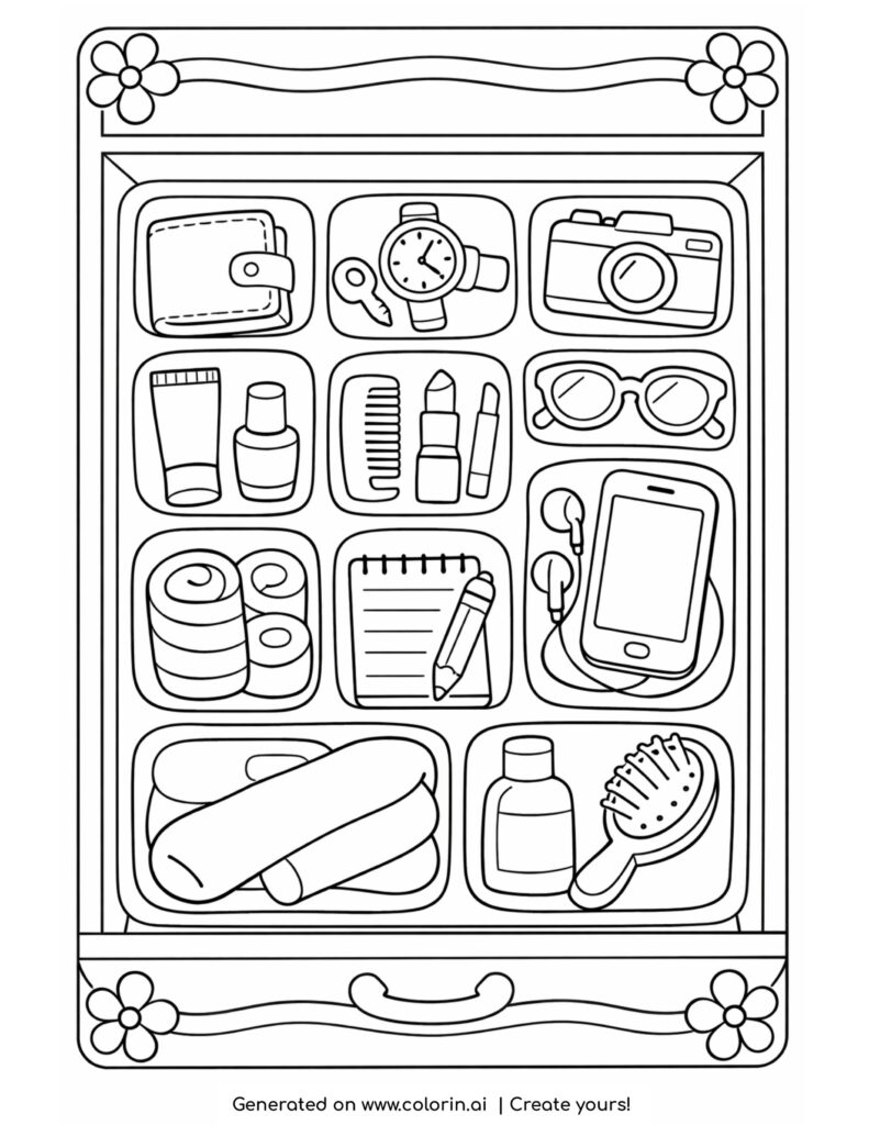 organized drawer with personal items coloring page with sections and accessories