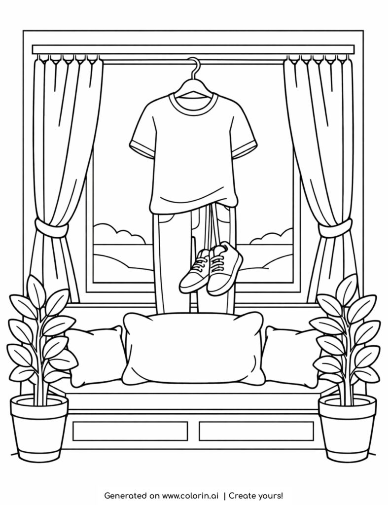 outfit hanging above couch by window coloring page with plants and curtains