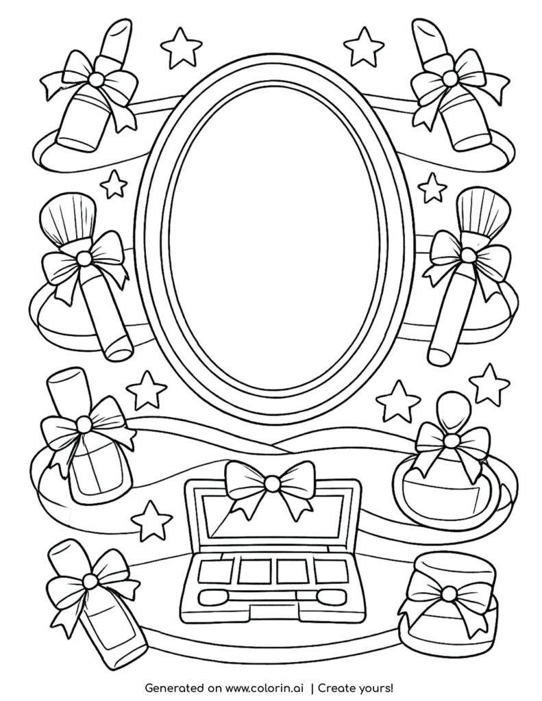 oval makeup mirror with cosmetics coloring page surrounded by beauty items and stars