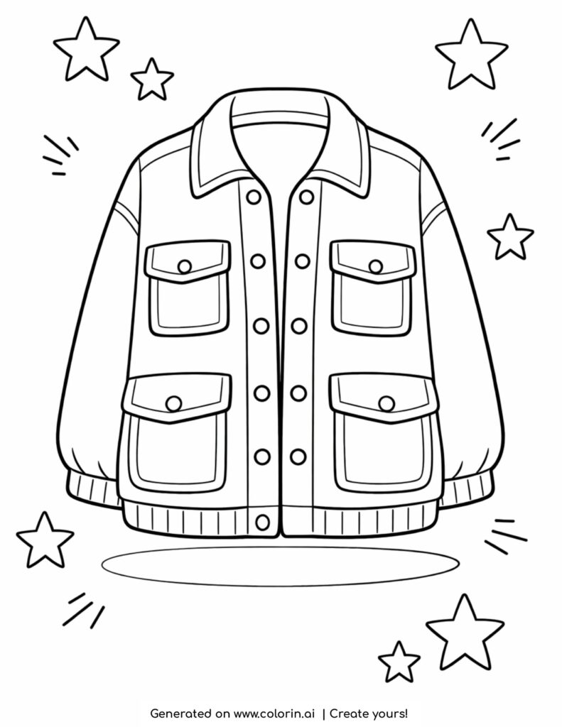 oversized jacket with pockets and buttons surrounded by stars coloring page