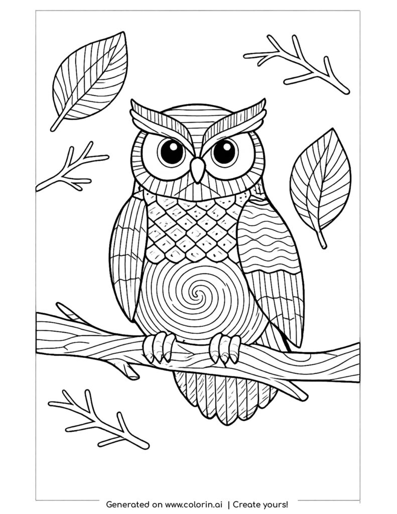 owl sitting on branch coloring page with geometric patterns and leaves