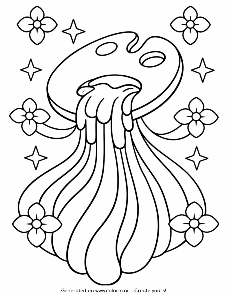 paint palette with dripping paint coloring page with flowing lines and decorative flowers