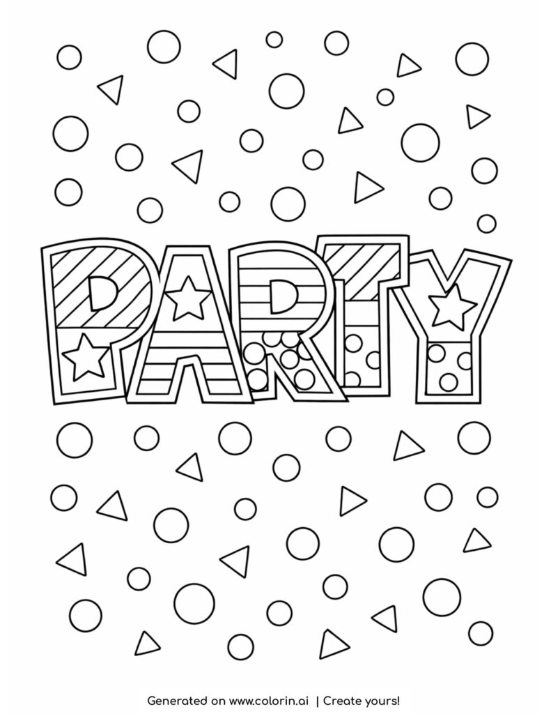 party word with confetti shapes coloring page with circles and triangles around