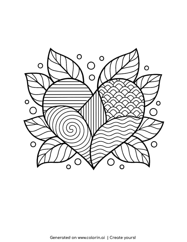 patterned heart with leaves coloring page with decorative shapes and soft leaf details
