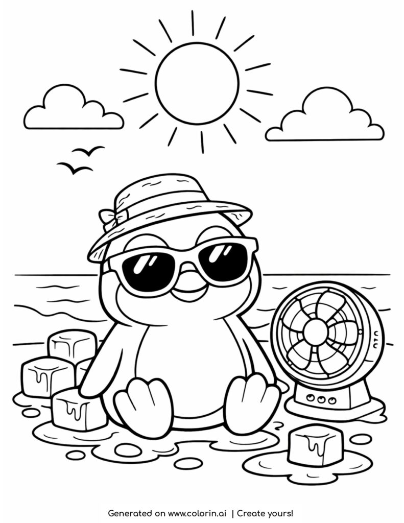 penguin sitting on beach with sunglasses coloring page with sun ice cubes and fan
