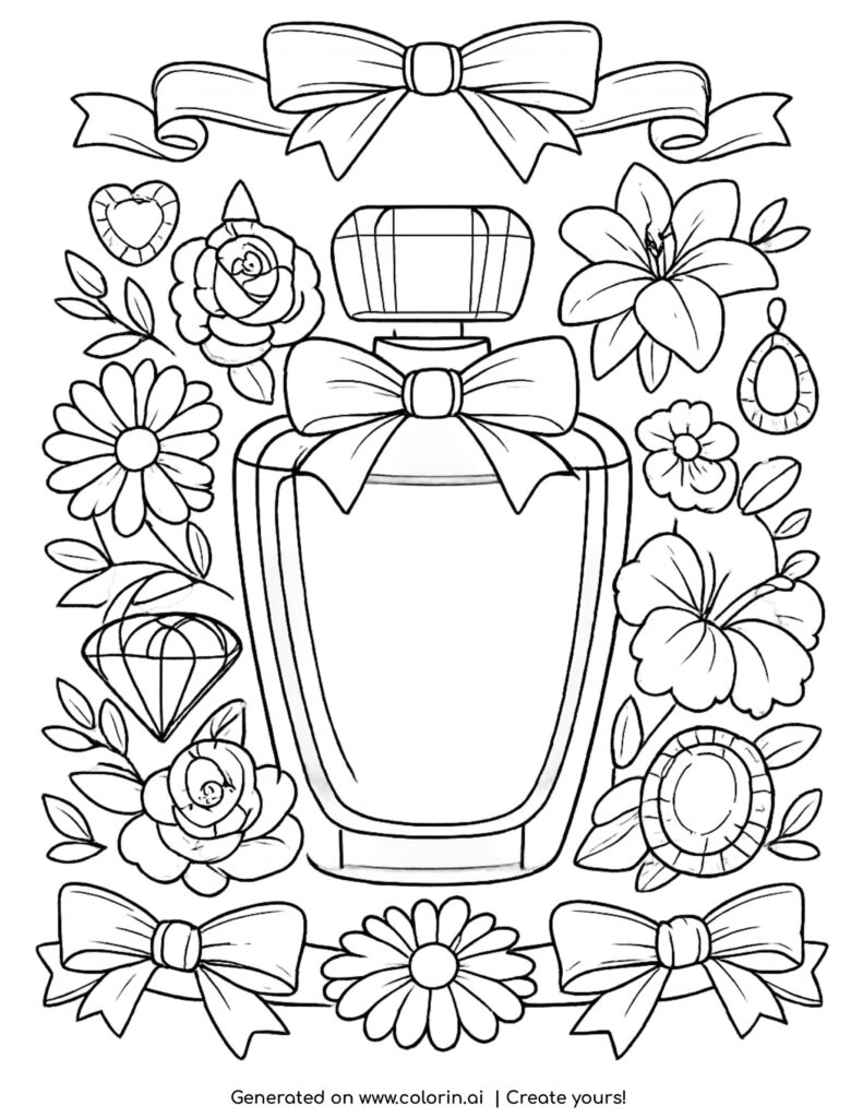 perfume bottle with flowers and jewelry coloring page with bows and decorative elements