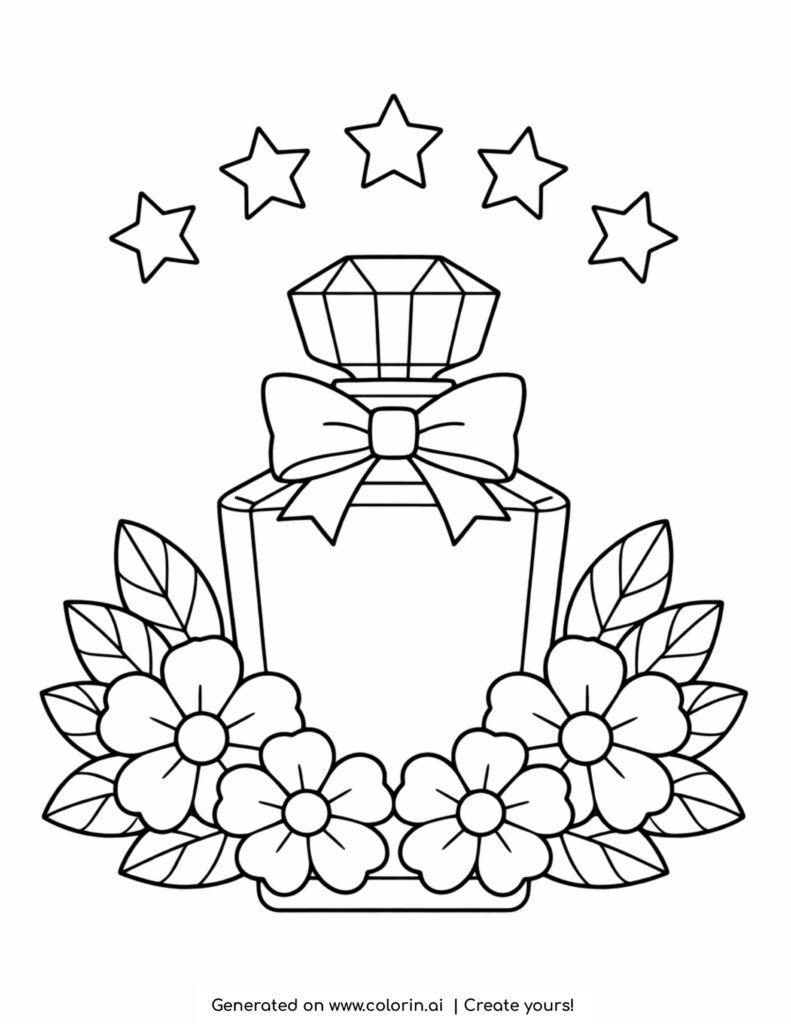 perfume bottle with flowers and stars coloring page with decorative bow and floral base