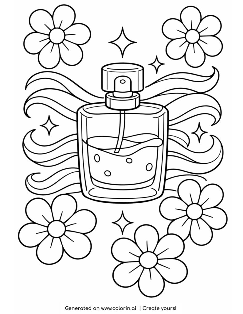 perfume bottle with flowers and waves coloring page with floral and flowing details