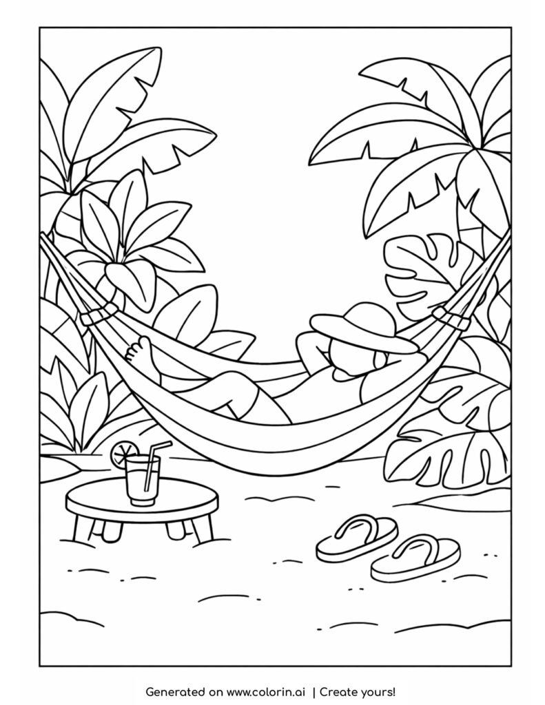 person relaxing in hammock by beach coloring page with plants drink and sandals