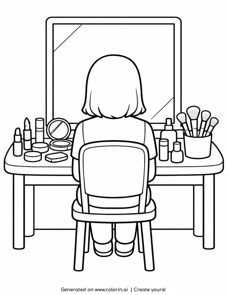 person sitting at makeup vanity coloring page with mirror and brushes