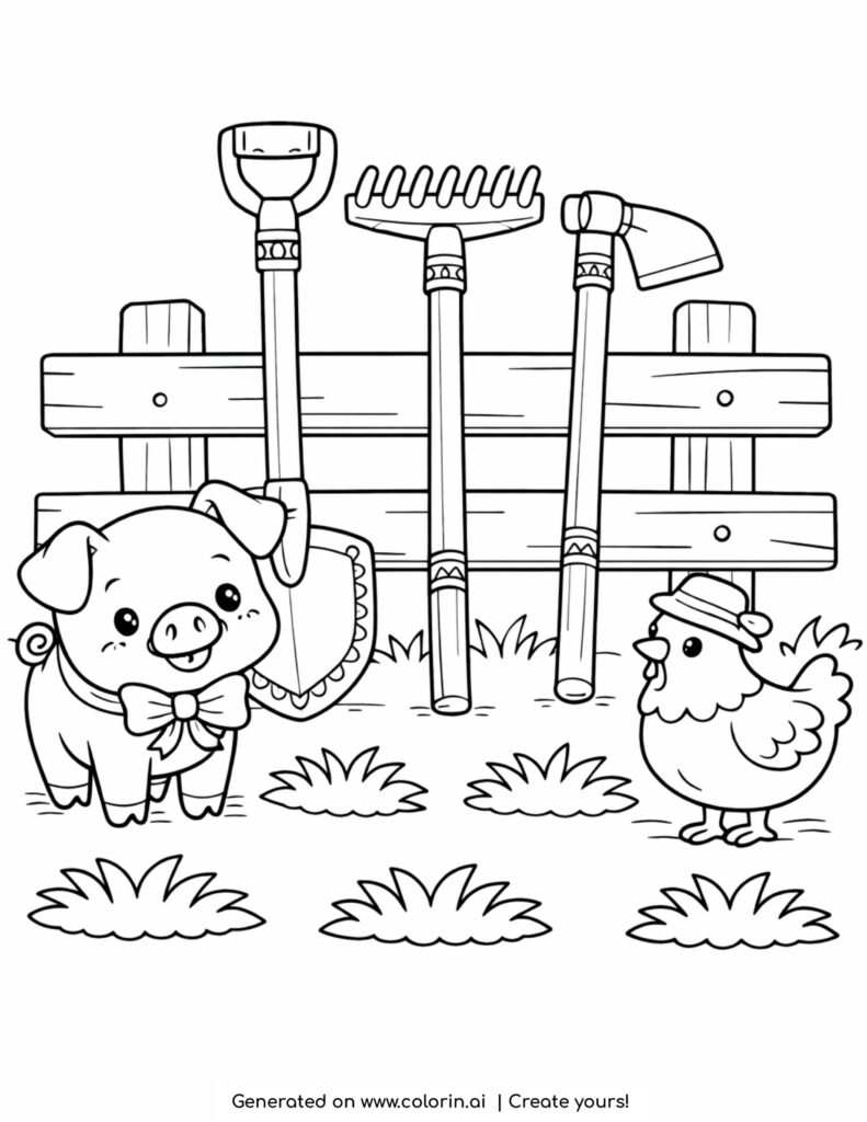 pig and chicken by garden tools coloring page with fence and grass