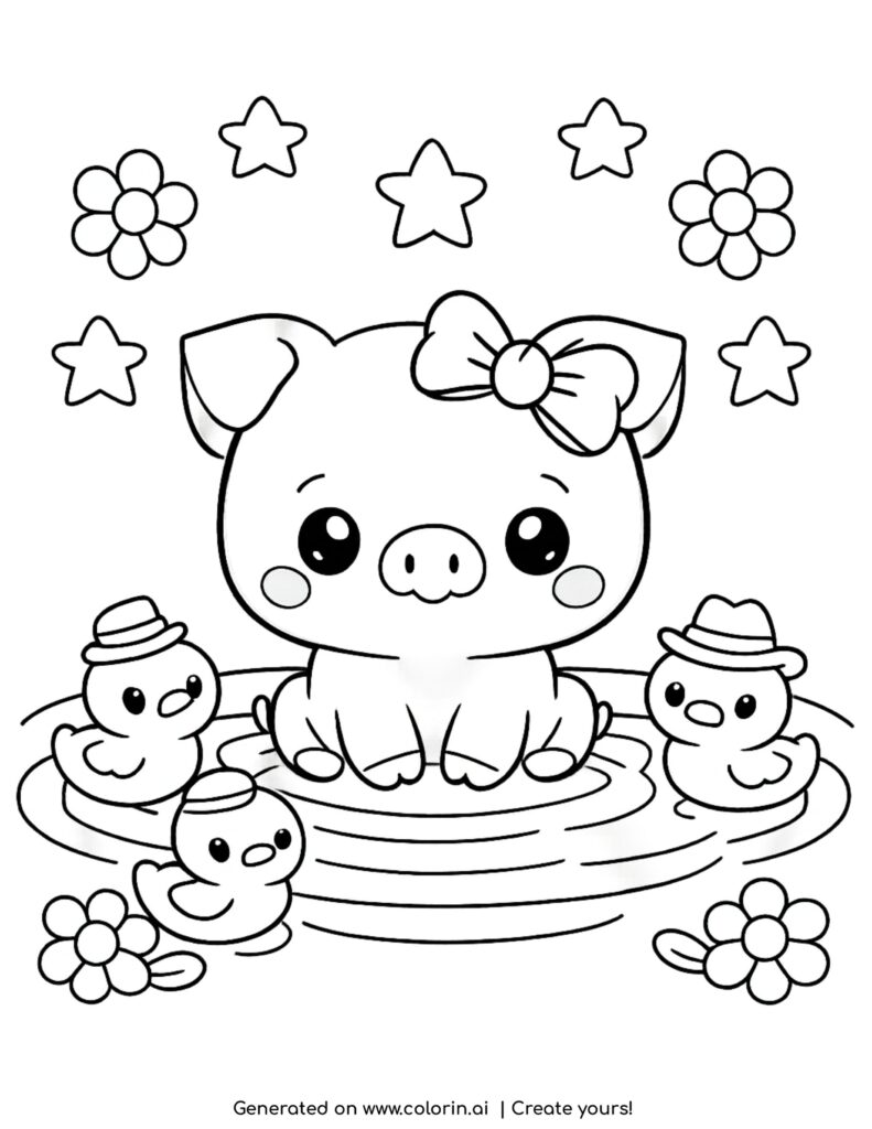 pig in puddle with ducklings coloring page with stars and flowers
