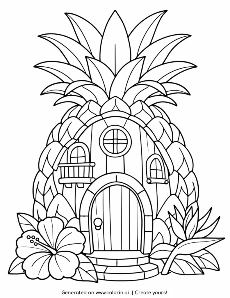 pineapple house with flowers coloring page with tropical details and cute door design coloring page