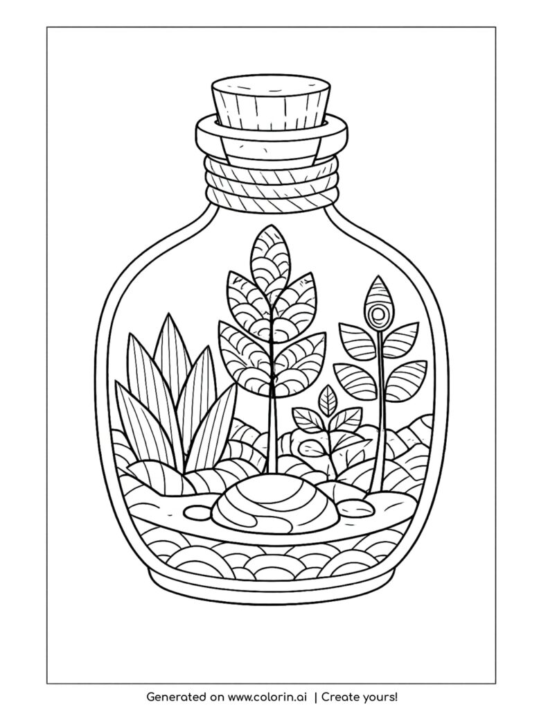 plants inside glass bottle terrarium coloring page with small garden and stones