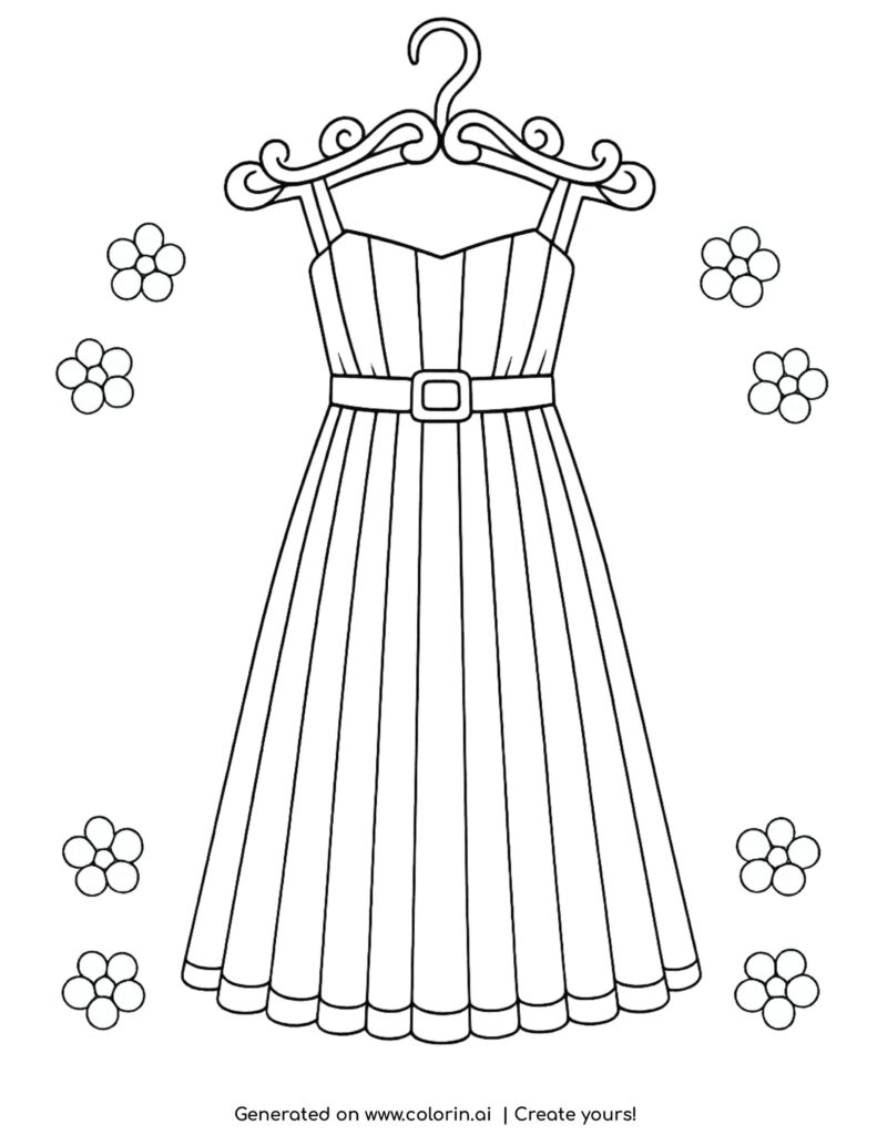 pleated midi dress with belt and small flowers coloring page