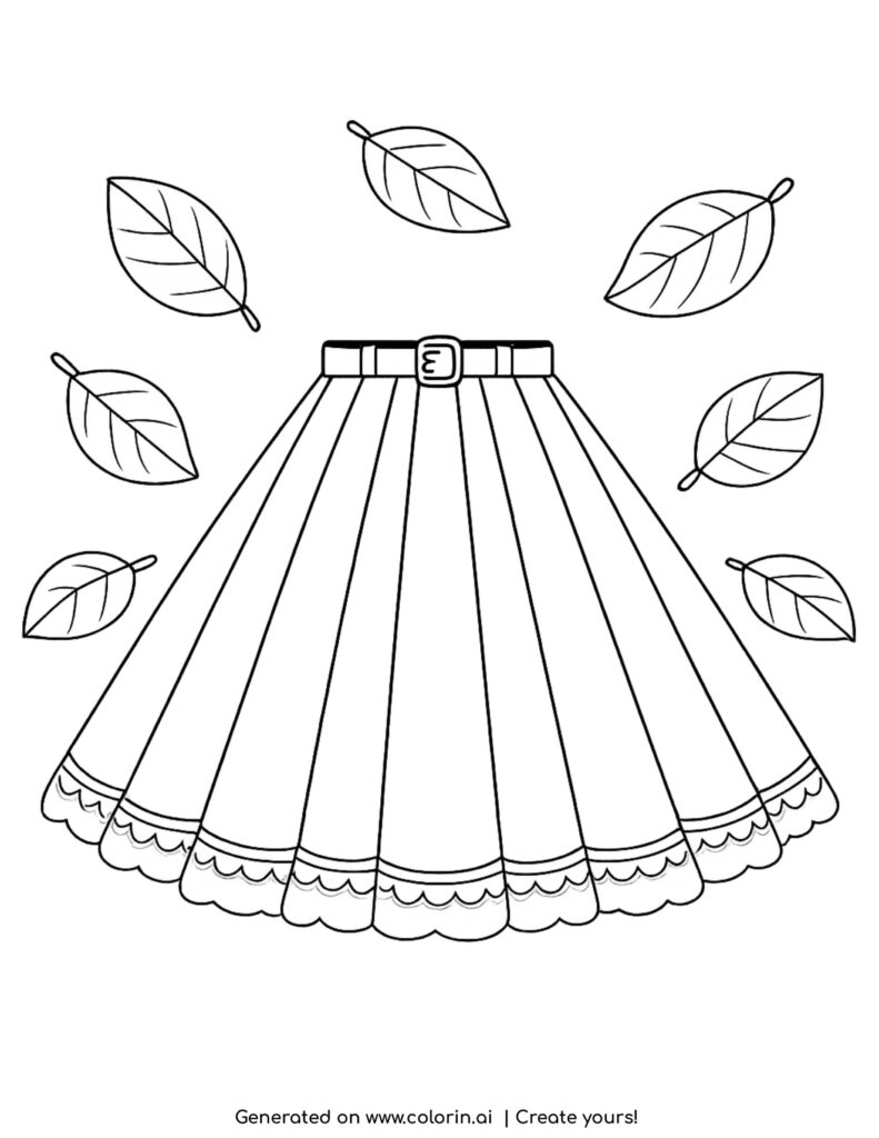 pleated skirt with belt and floating leaves coloring page