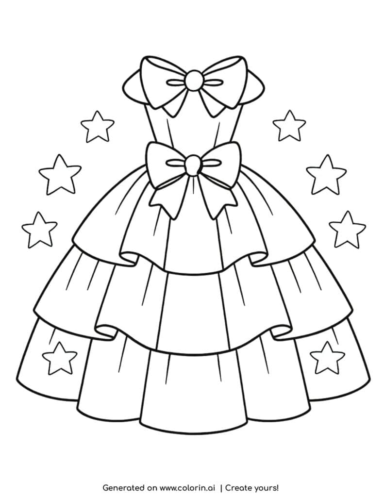 princess dress with bows and stars coloring page