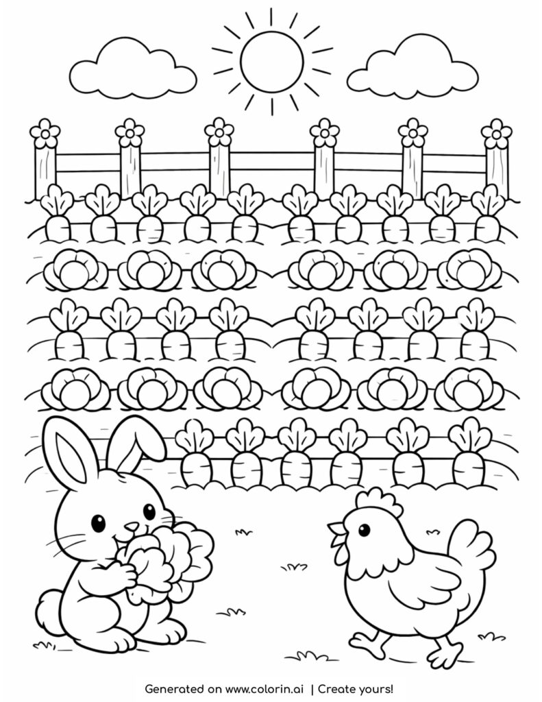 rabbit eating lettuce in garden coloring page with chicken and vegetable rows