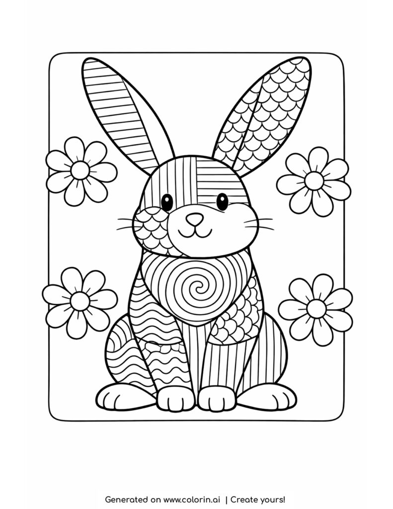 rabbit sitting with flowers coloring page with patterned body and simple flowers