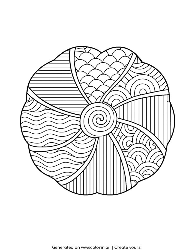 radial abstract pattern with spiral center coloring page with curved segments and textures