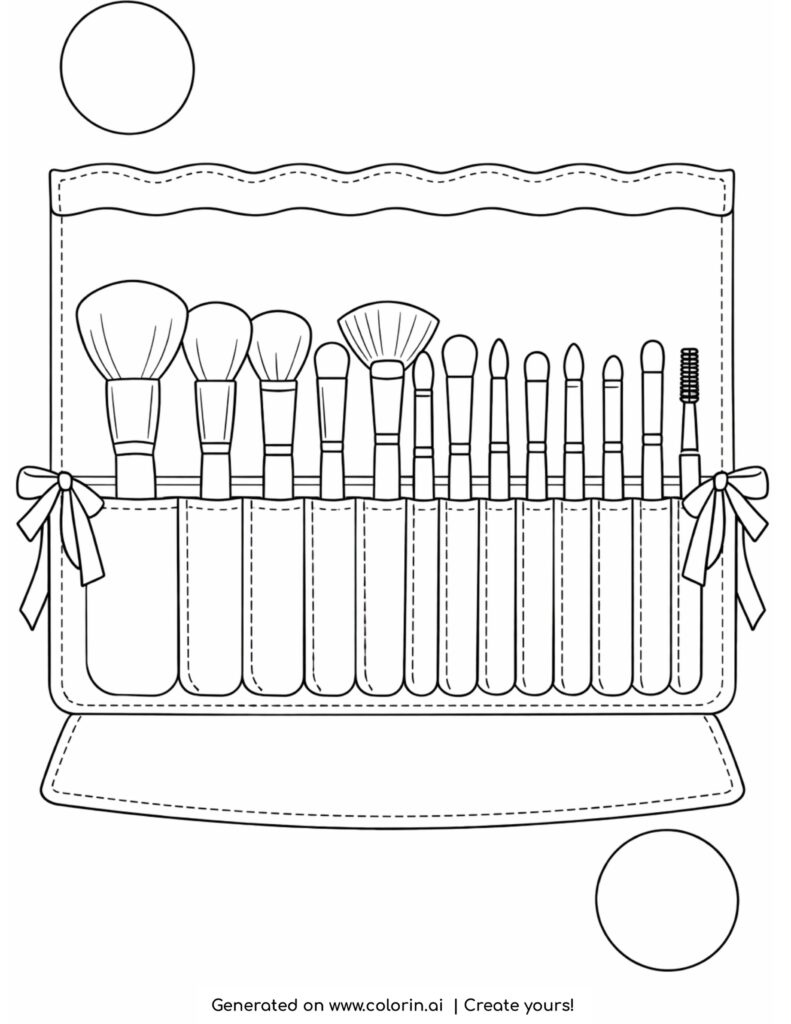 roll up makeup brush set coloring page with organized brushes in a case