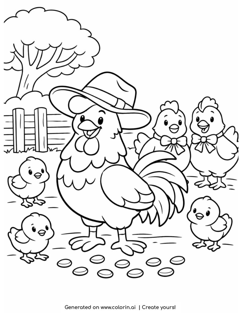 rooster with hat and chicks farm cute animals scene coloring page