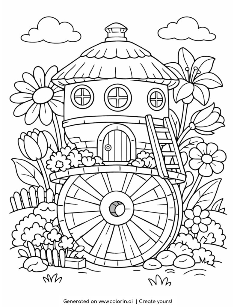 round house on wagon wheel coloring page with flowers and ladder in a garden setting
