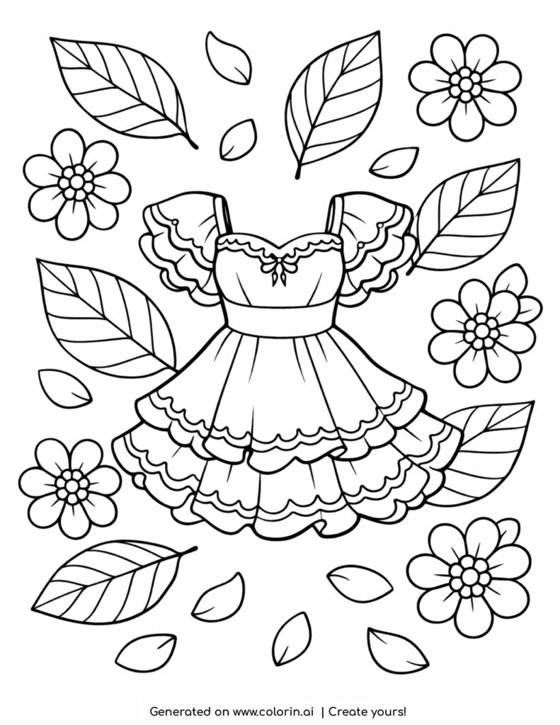 ruffled dress surrounded by flowers and falling leaves coloring page
