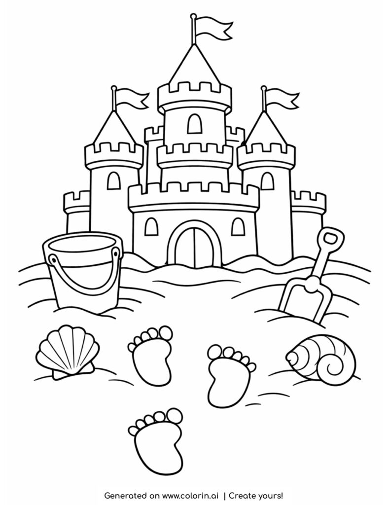 sandcastle with bucket and shovel beach coloring page with shells and footprints
