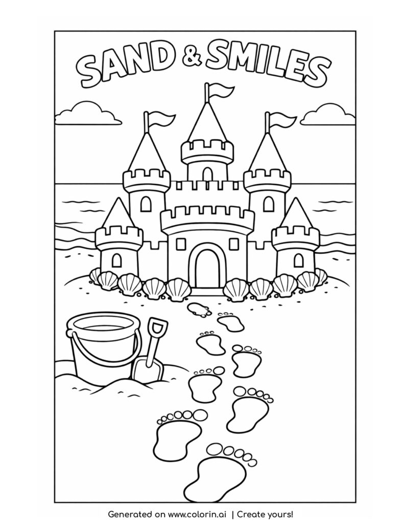 sandcastle with footprints beach coloring page with shells and bucket