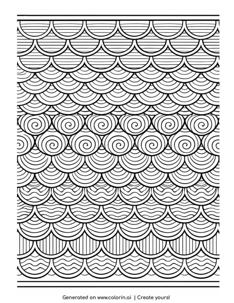 zentangle scale pattern rows coloring page with layered scallop and spiral designs