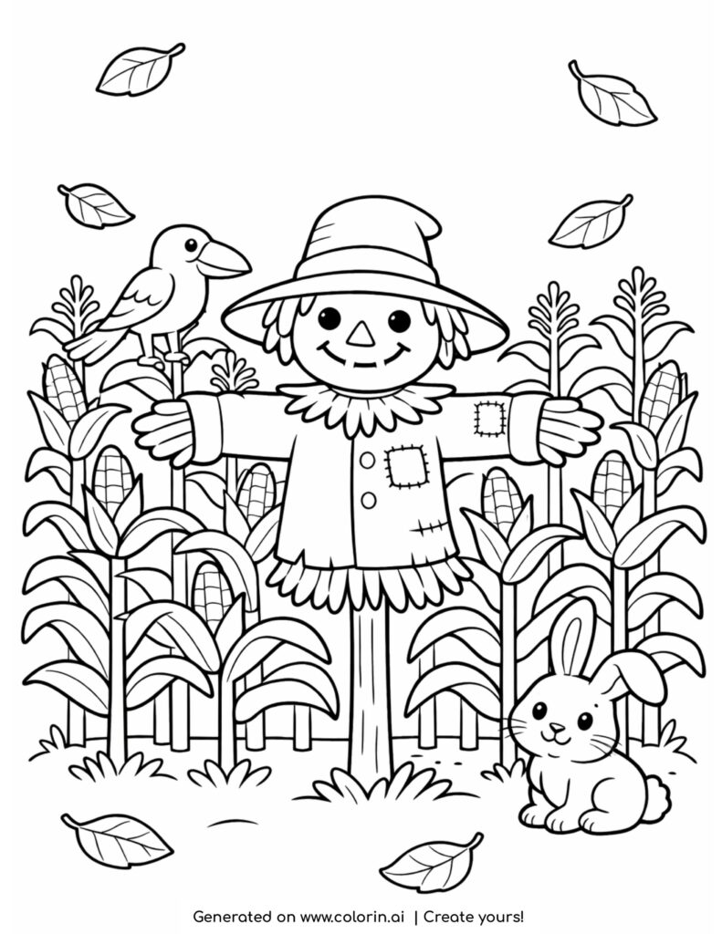 scarecrow in cornfield with rabbit coloring page with crow and falling leaves