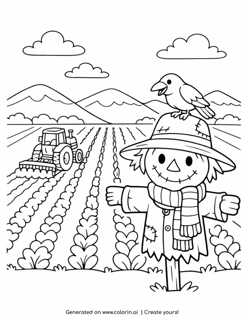 scarecrow with bird in crop field coloring page with tractor and mountains